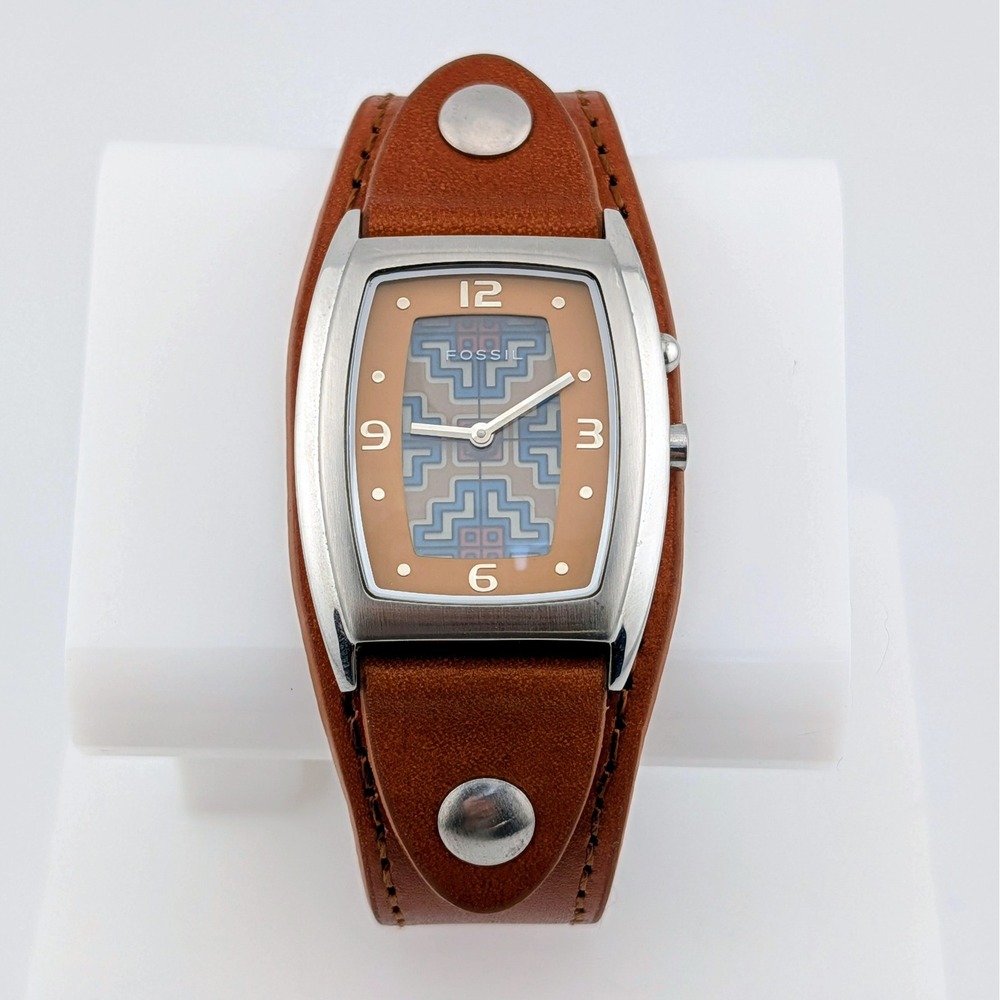 Fossil JR-8185 Y2K Flip Dial Unisex Cuff Watch Tan Leather Retro Futuristic 30mm